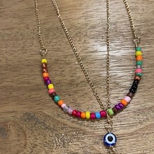 Color beaded & Long Evil Eye Shell Double Necklace